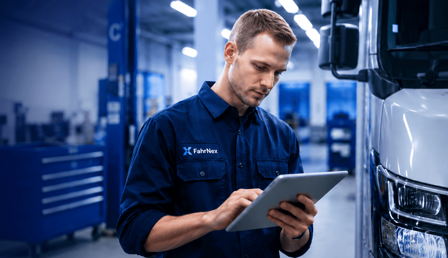 FahrNex mechanic checking vehicle reminders on a tablet